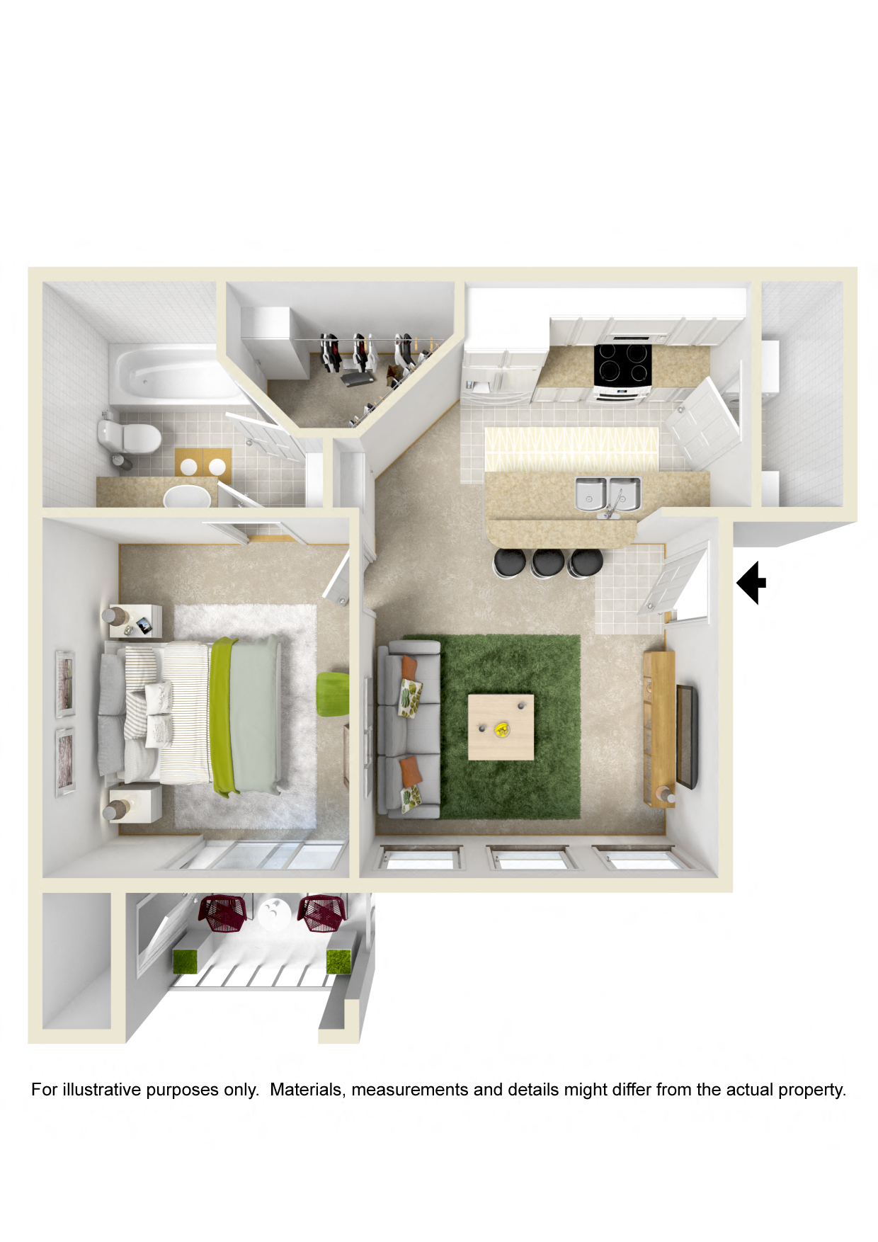 Floor plan for 1 bed, 1 bath, 600 sqft